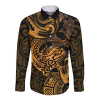 New Zealand Tuatara Long Sleeve Button Shirt Aotearoa Maori Clematis Flowers - Gold LT14 Unisex Gold - Polynesian Pride