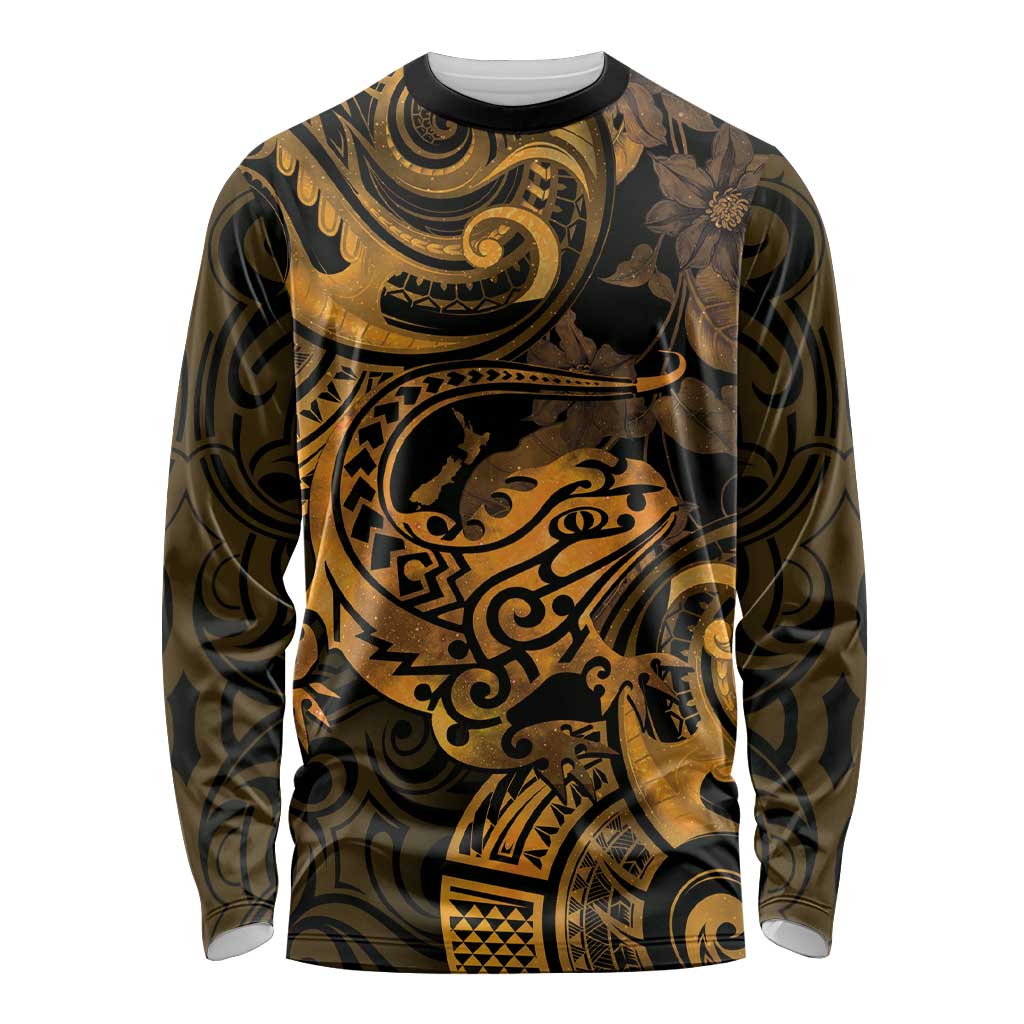 New Zealand Tuatara Long Sleeve Shirt Aotearoa Maori Clematis Flowers - Gold LT14 Unisex Gold - Polynesian Pride