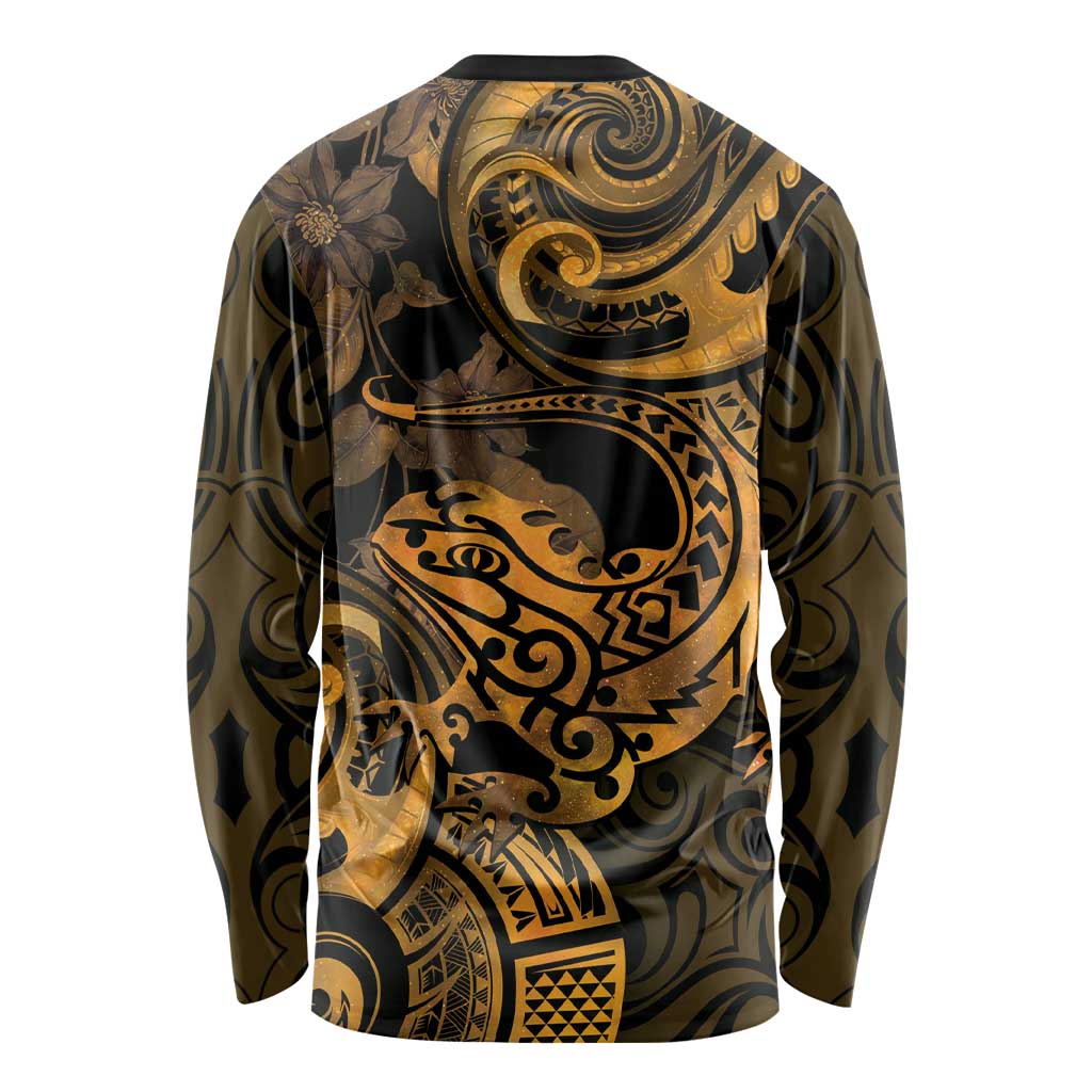New Zealand Tuatara Long Sleeve Shirt Aotearoa Maori Clematis Flowers - Gold LT14 - Polynesian Pride