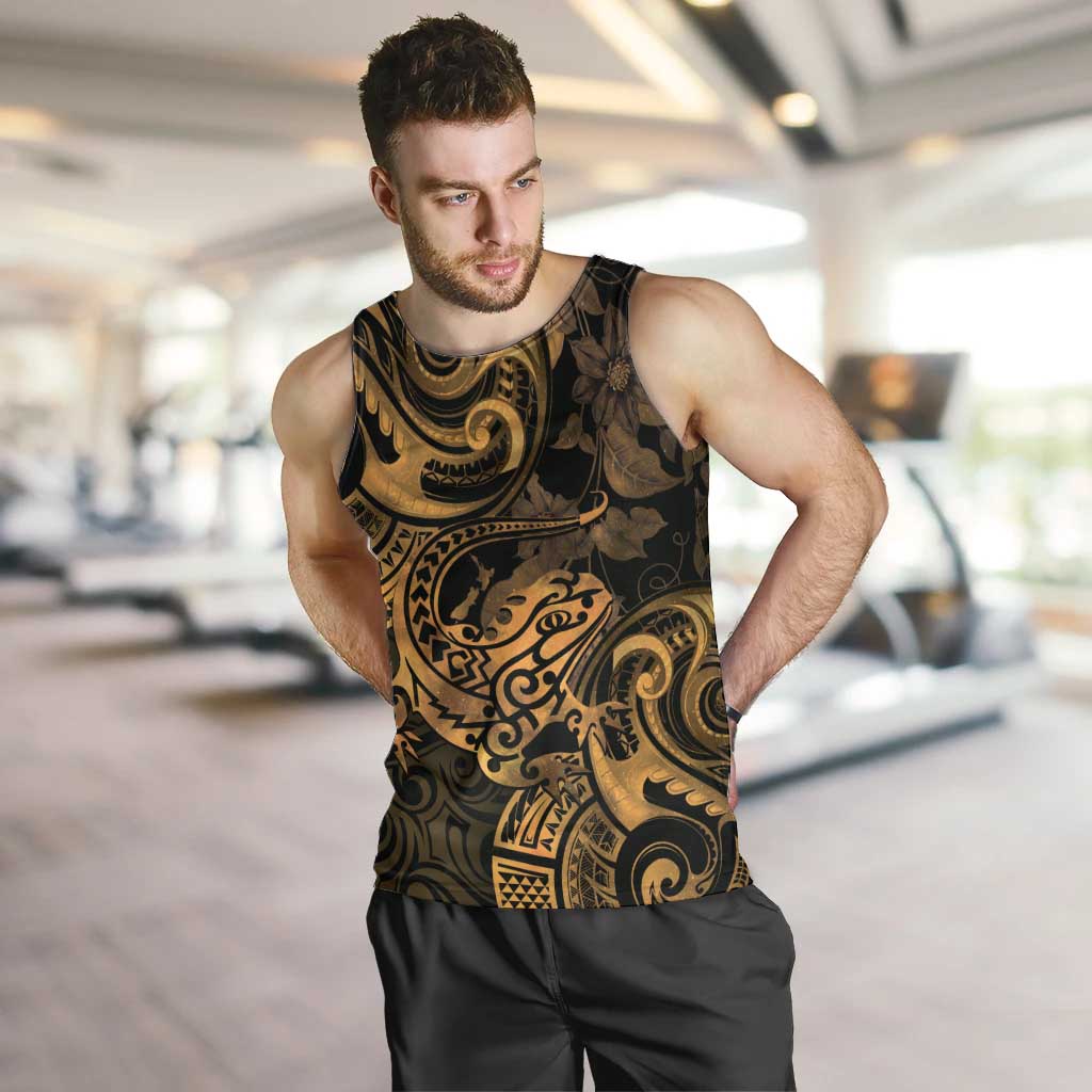 New Zealand Tuatara Men Tank Top Aotearoa Maori Clematis Flowers - Gold LT14 Gold - Polynesian Pride
