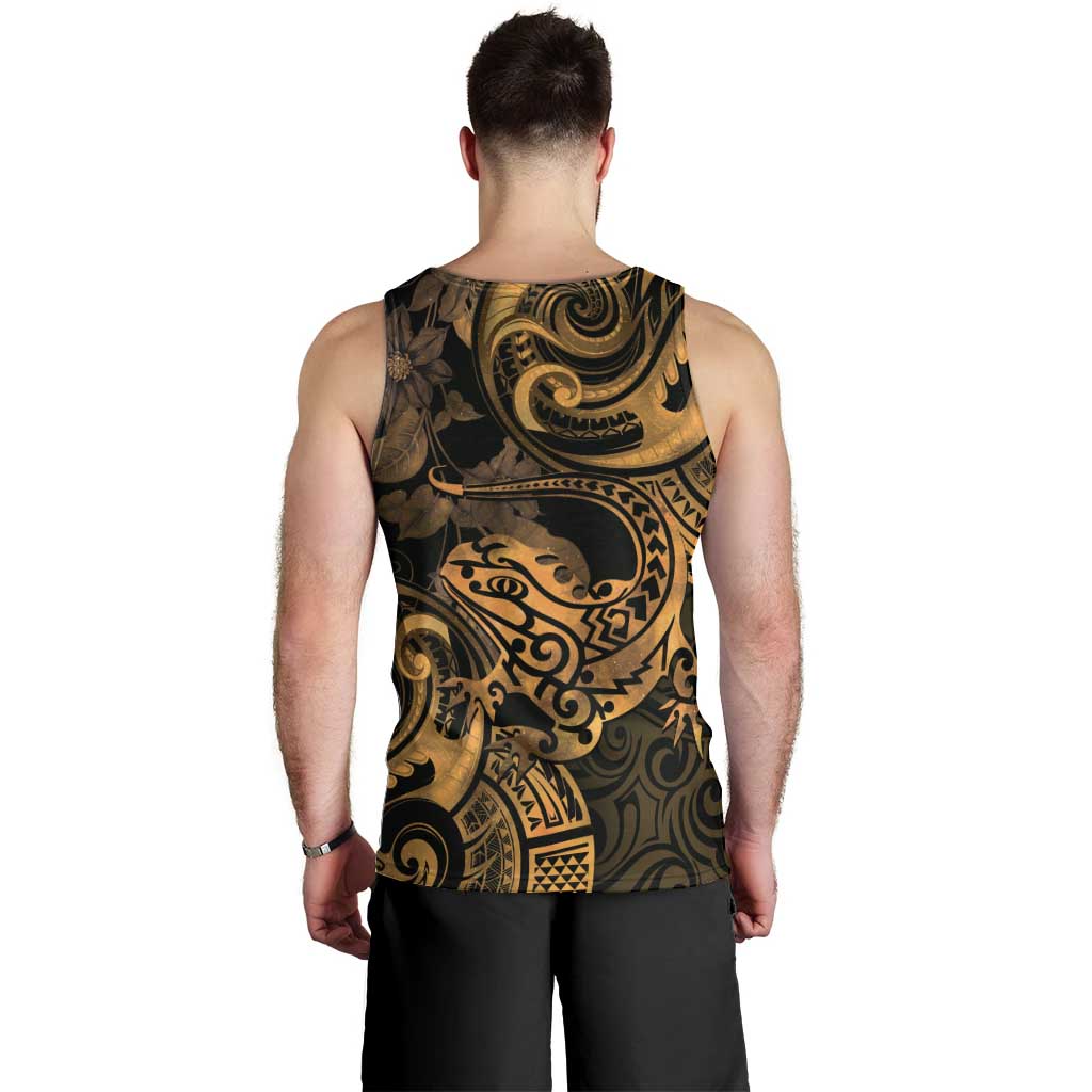 New Zealand Tuatara Men Tank Top Aotearoa Maori Clematis Flowers - Gold LT14 - Polynesian Pride