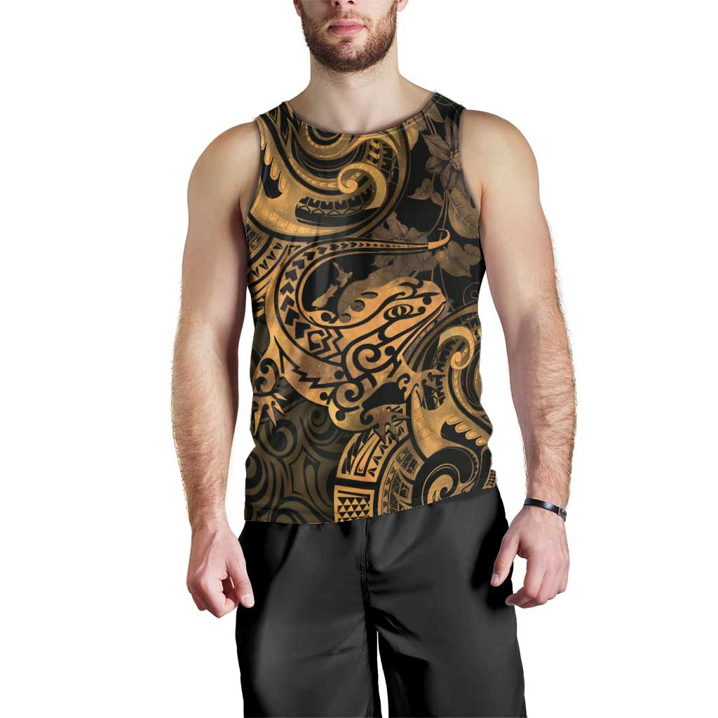 New Zealand Tuatara Men Tank Top Aotearoa Maori Clematis Flowers - Gold LT14 - Polynesian Pride