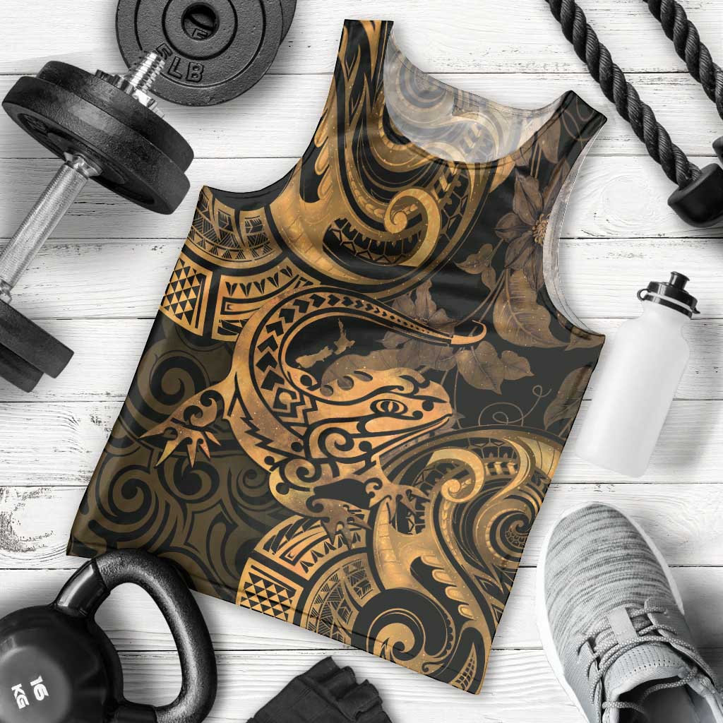 New Zealand Tuatara Men Tank Top Aotearoa Maori Clematis Flowers - Gold LT14 - Polynesian Pride