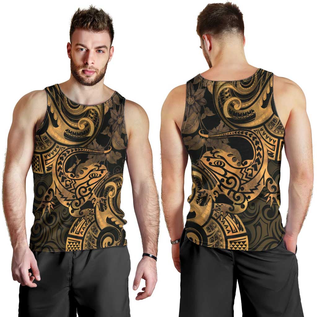 New Zealand Tuatara Men Tank Top Aotearoa Maori Clematis Flowers - Gold LT14 - Polynesian Pride
