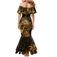 New Zealand Tuatara Mermaid Dress Aotearoa Maori Clematis Flowers - Gold LT14 - Polynesian Pride