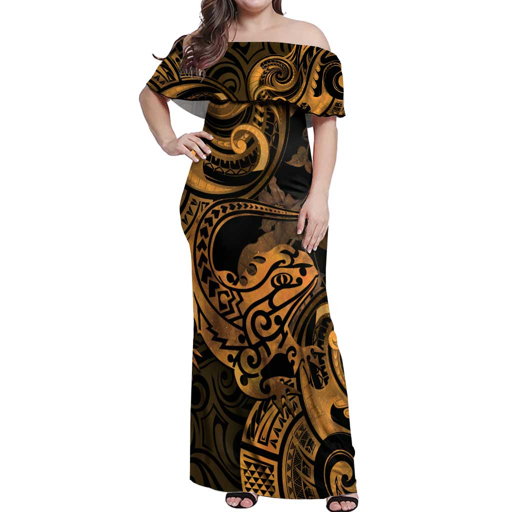 New Zealand Tuatara Off Shoulder Maxi Dress Aotearoa Maori Clematis Flowers - Gold LT14 Women Gold - Polynesian Pride