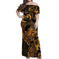 New Zealand Tuatara Off Shoulder Maxi Dress Aotearoa Maori Clematis Flowers - Gold LT14 Women Gold - Polynesian Pride