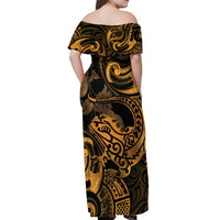 New Zealand Tuatara Off Shoulder Maxi Dress Aotearoa Maori Clematis Flowers - Gold LT14 - Polynesian Pride