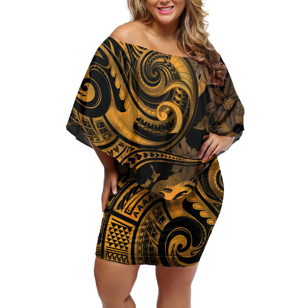 New Zealand Tuatara Off Shoulder Short Dress Aotearoa Maori Clematis Flowers - Gold LT14 Women Gold - Polynesian Pride