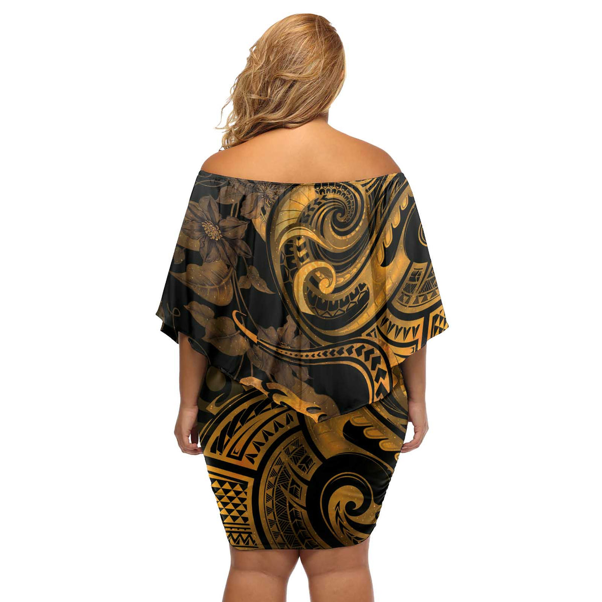 New Zealand Tuatara Off Shoulder Short Dress Aotearoa Maori Clematis Flowers - Gold LT14 - Polynesian Pride