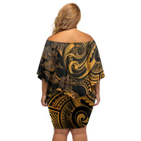 New Zealand Tuatara Off Shoulder Short Dress Aotearoa Maori Clematis Flowers - Gold LT14 - Polynesian Pride