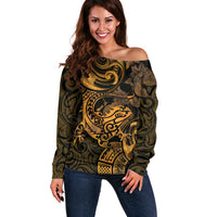 New Zealand Tuatara Off Shoulder Sweater Aotearoa Maori Clematis Flowers - Gold LT14 Women Gold - Polynesian Pride