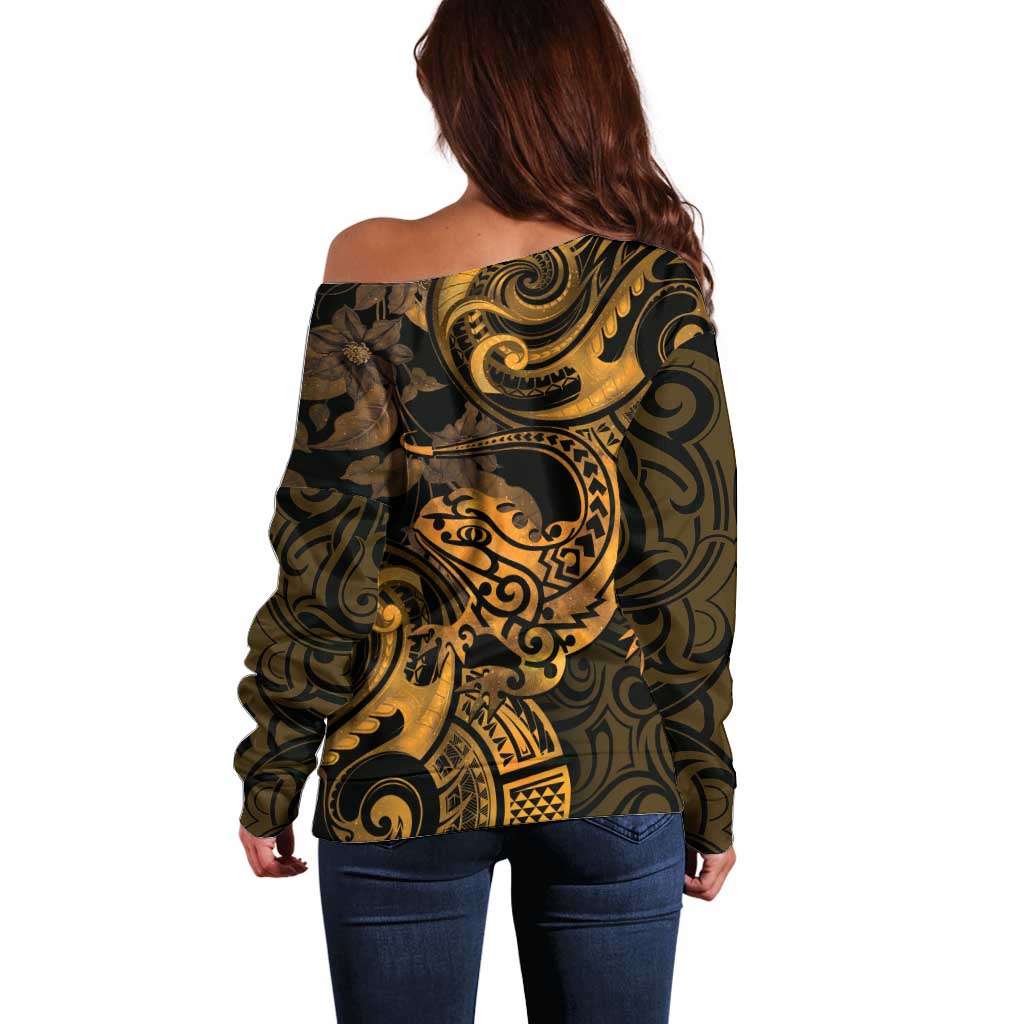 New Zealand Tuatara Off Shoulder Sweater Aotearoa Maori Clematis Flowers - Gold LT14 - Polynesian Pride