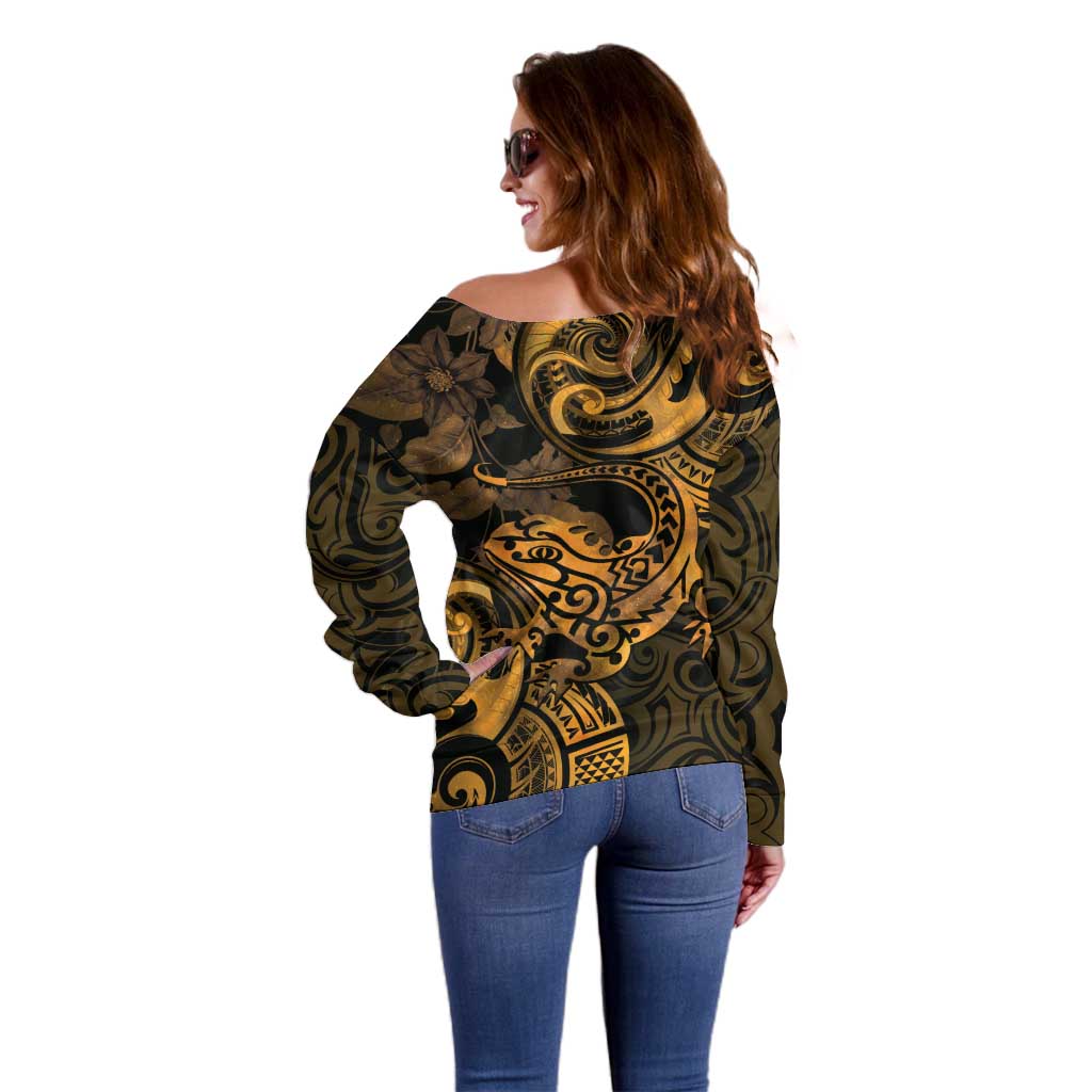 New Zealand Tuatara Off Shoulder Sweater Aotearoa Maori Clematis Flowers - Gold LT14 - Polynesian Pride