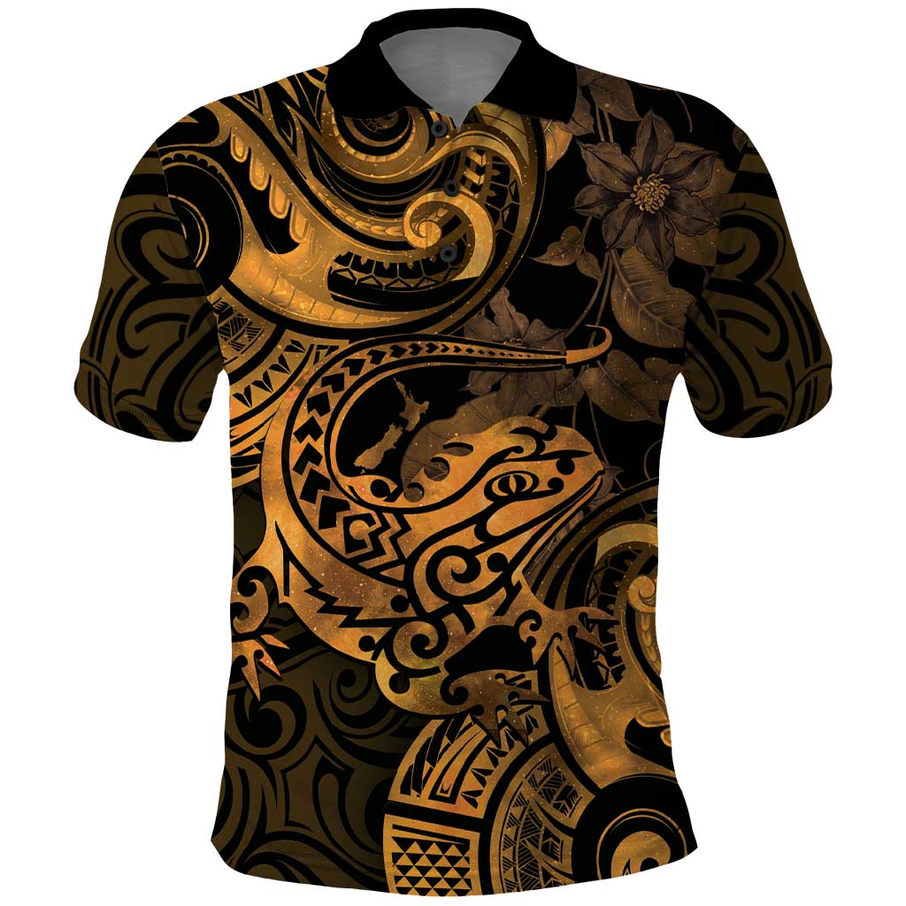 New Zealand Tuatara Polo Shirt Aotearoa Maori Clematis Flowers - Gold LT14 Gold - Polynesian Pride