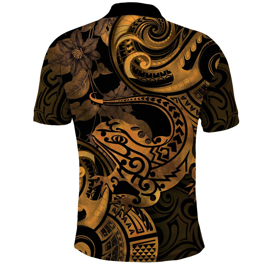 New Zealand Tuatara Polo Shirt Aotearoa Maori Clematis Flowers - Gold LT14 - Polynesian Pride
