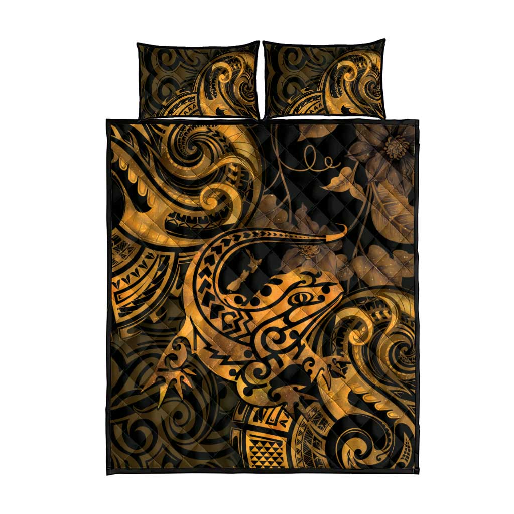 New Zealand Tuatara Quilt Bed Set Aotearoa Maori Clematis Flowers - Gold LT14 - Polynesian Pride