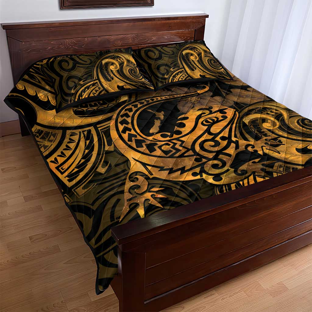 New Zealand Tuatara Quilt Bed Set Aotearoa Maori Clematis Flowers - Gold LT14 - Polynesian Pride