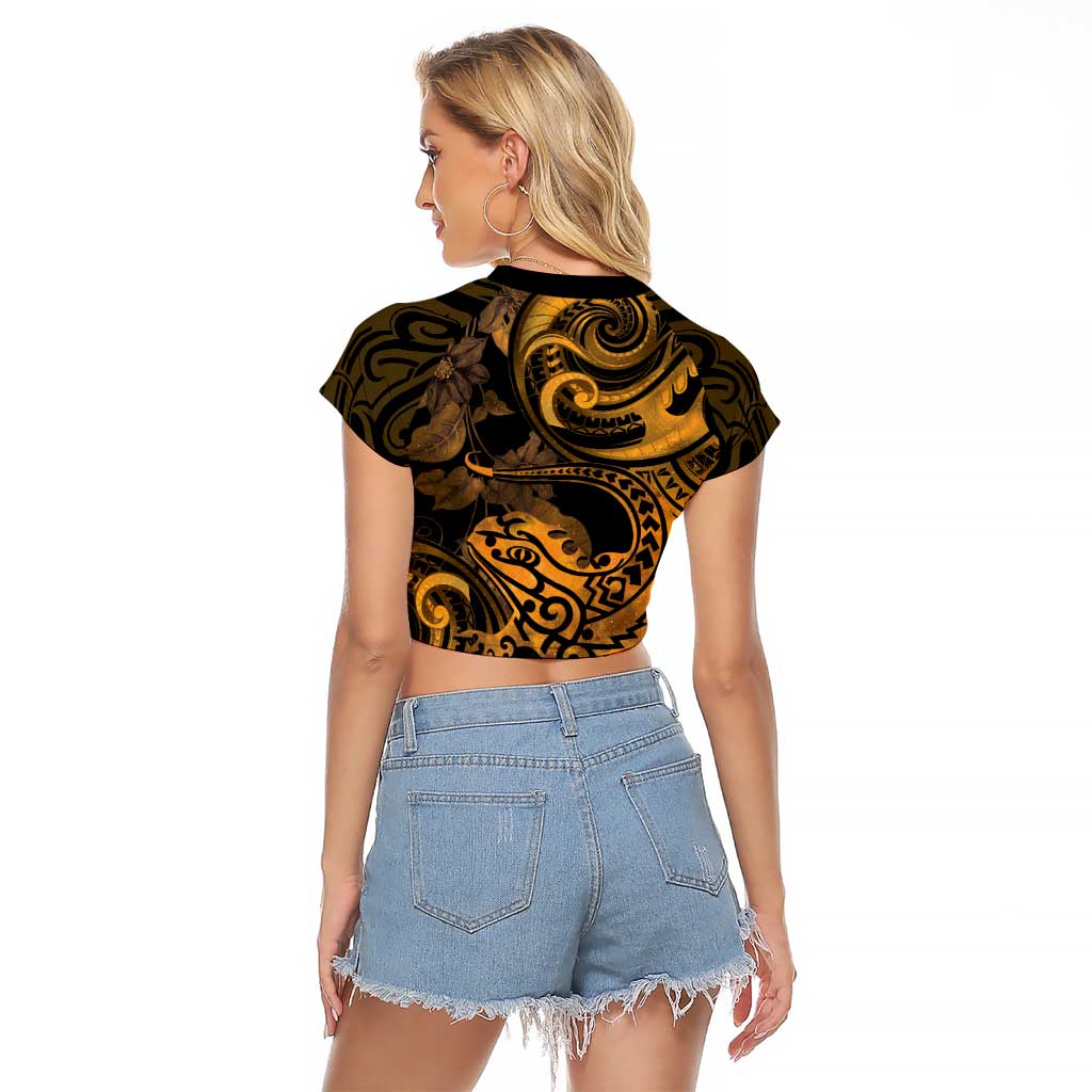 New Zealand Tuatara Raglan Cropped T Shirt Aotearoa Maori Clematis Flowers - Gold LT14 - Polynesian Pride