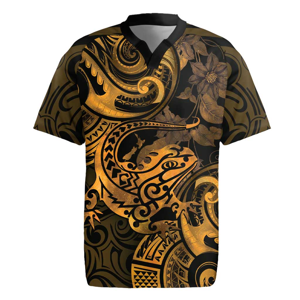 New Zealand Tuatara Rugby Jersey Aotearoa Maori Clematis Flowers - Gold LT14 Gold - Polynesian Pride