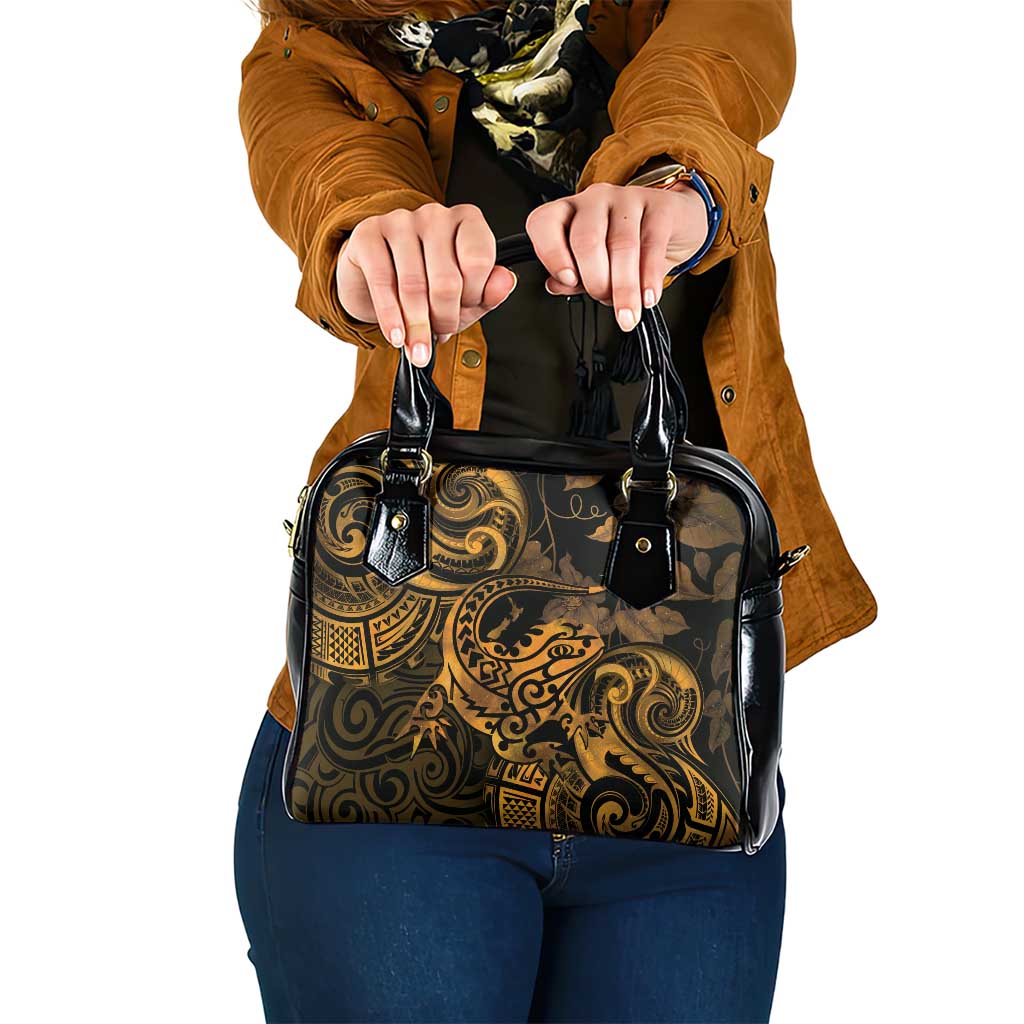 New Zealand Tuatara Shoulder Handbag Aotearoa Maori Clematis Flowers - Gold LT14 One Size Gold - Polynesian Pride