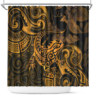 New Zealand Tuatara Shower Curtain Aotearoa Maori Clematis Flowers - Gold LT14 Gold - Polynesian Pride