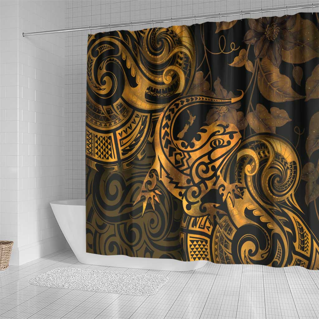 New Zealand Tuatara Shower Curtain Aotearoa Maori Clematis Flowers - Gold LT14 - Polynesian Pride