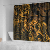 New Zealand Tuatara Shower Curtain Aotearoa Maori Clematis Flowers - Gold LT14 - Polynesian Pride