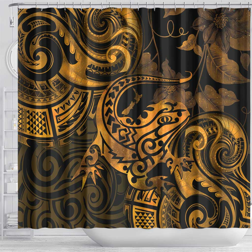 New Zealand Tuatara Shower Curtain Aotearoa Maori Clematis Flowers - Gold LT14 - Polynesian Pride