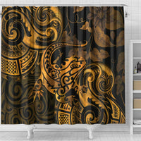 New Zealand Tuatara Shower Curtain Aotearoa Maori Clematis Flowers - Gold LT14 - Polynesian Pride
