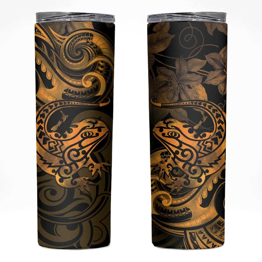 New Zealand Tuatara Skinny Tumbler Aotearoa Maori Clematis Flowers - Gold LT14 Gold - Polynesian Pride