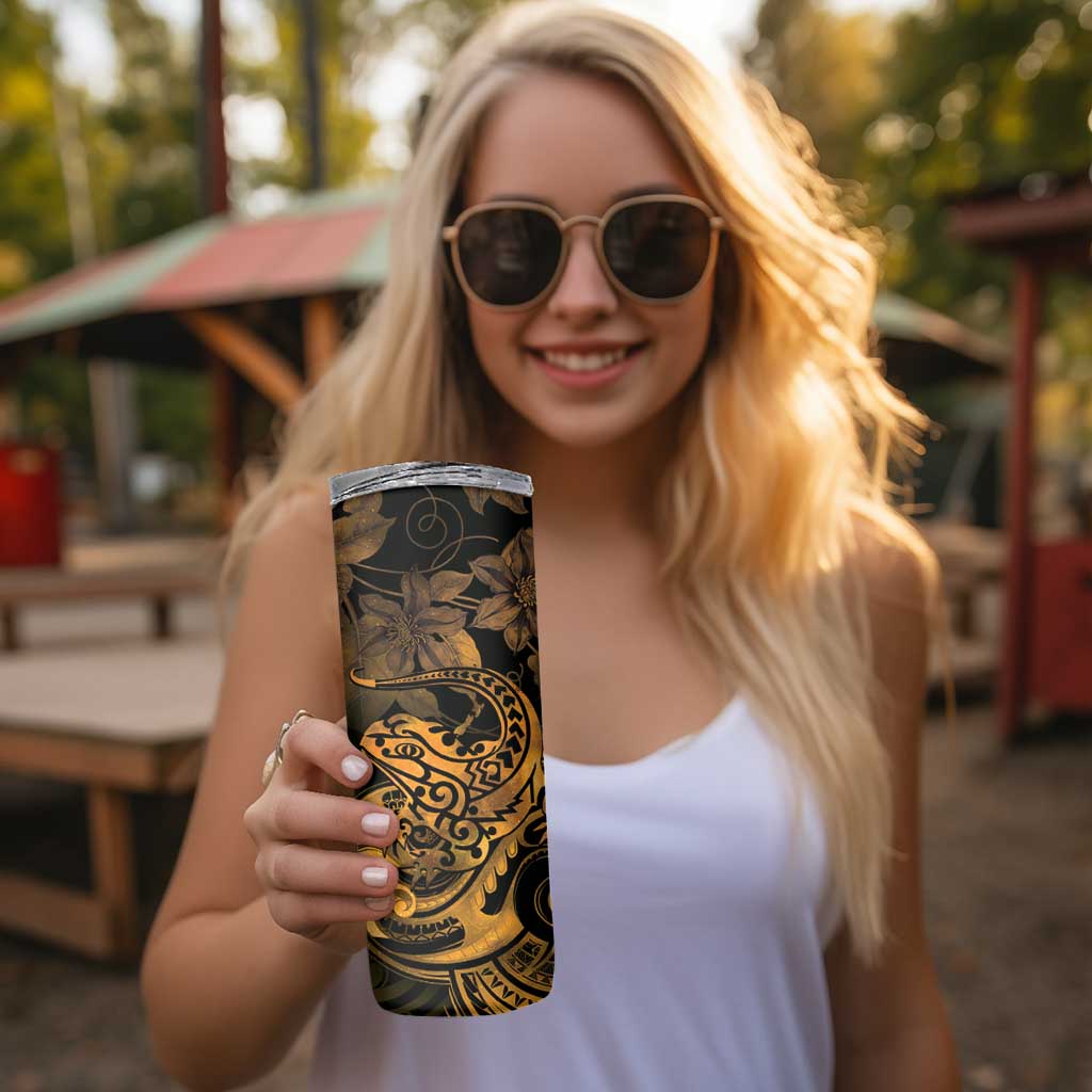 New Zealand Tuatara Skinny Tumbler Aotearoa Maori Clematis Flowers - Gold LT14 - Polynesian Pride