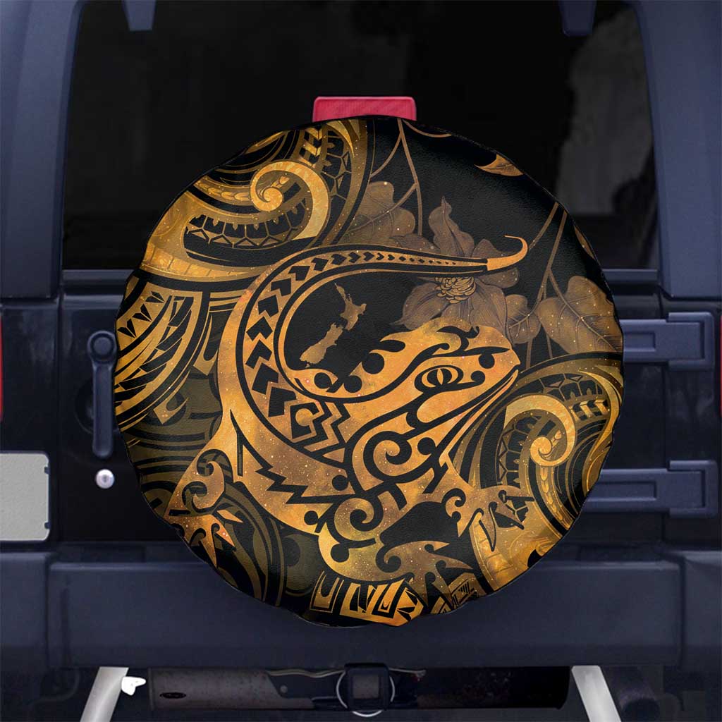 New Zealand Tuatara Spare Tire Cover Aotearoa Maori Clematis Flowers - Gold LT14 - Polynesian Pride
