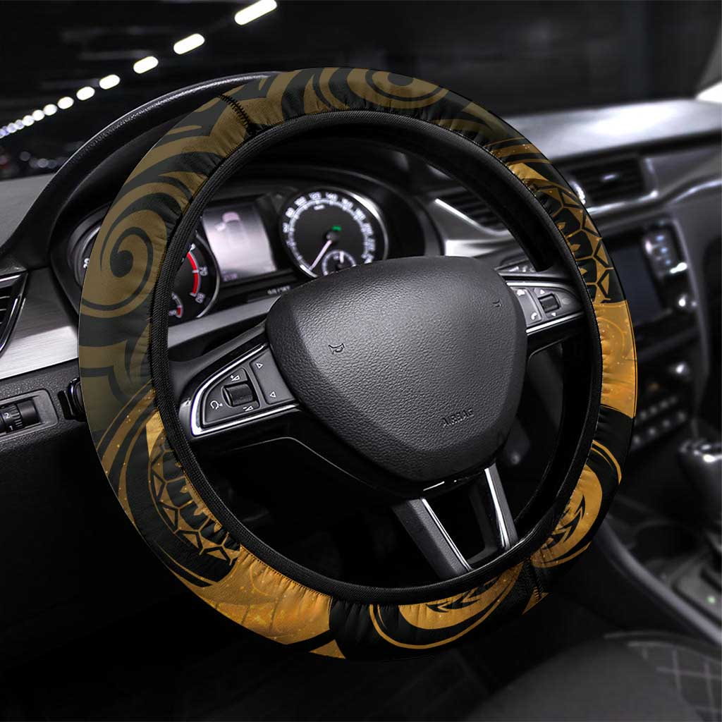 New Zealand Tuatara Steering Wheel Cover Aotearoa Maori Clematis Flowers - Gold LT14 Universal Fit Gold - Polynesian Pride