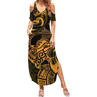 New Zealand Tuatara Summer Maxi Dress Aotearoa Maori Clematis Flowers - Gold LT14 Women Gold - Polynesian Pride