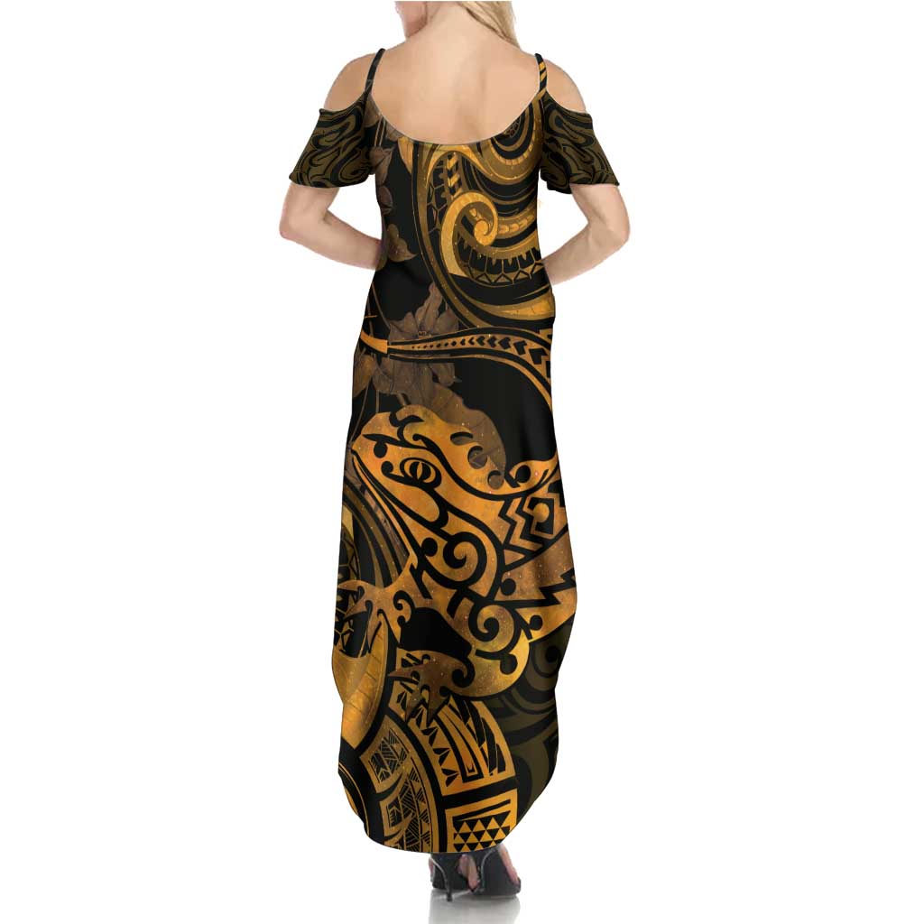 New Zealand Tuatara Summer Maxi Dress Aotearoa Maori Clematis Flowers - Gold LT14 - Polynesian Pride