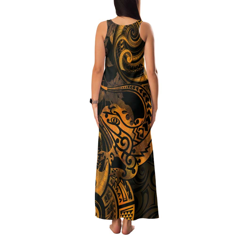 New Zealand Tuatara Tank Maxi Dress Aotearoa Maori Clematis Flowers - Gold LT14 - Polynesian Pride