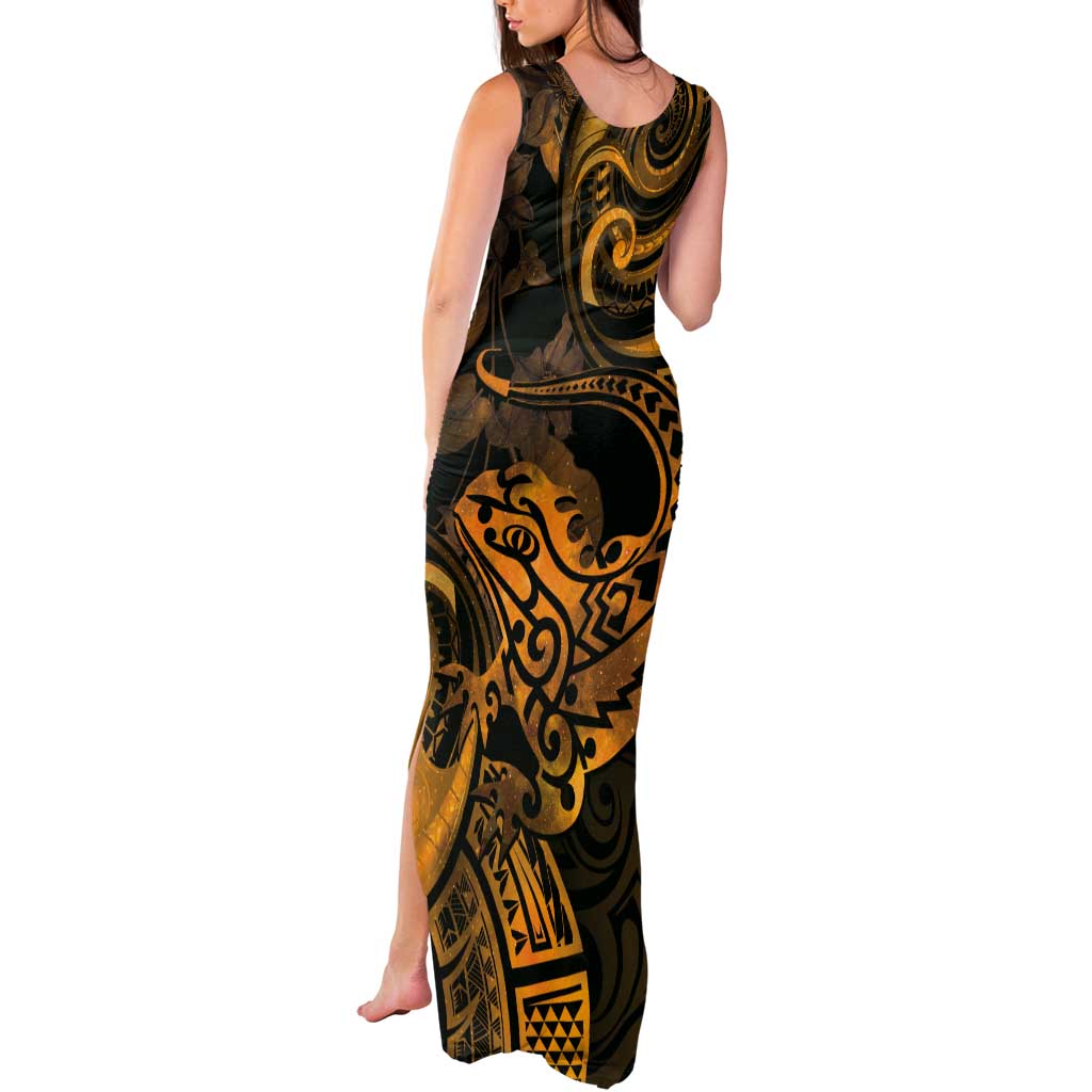 New Zealand Tuatara Tank Maxi Dress Aotearoa Maori Clematis Flowers - Gold LT14 - Polynesian Pride