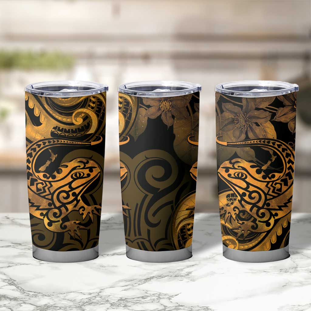 New Zealand Tuatara Tumbler Cup Aotearoa Maori Clematis Flowers - Gold LT14 - Polynesian Pride