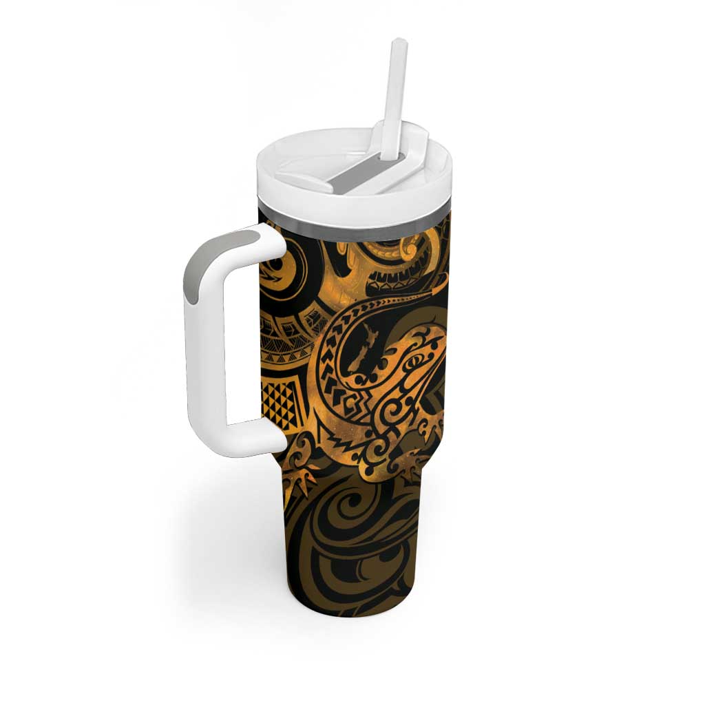 New Zealand Tuatara Tumbler With Handle Aotearoa Maori Clematis Flowers - Gold LT14 - Polynesian Pride