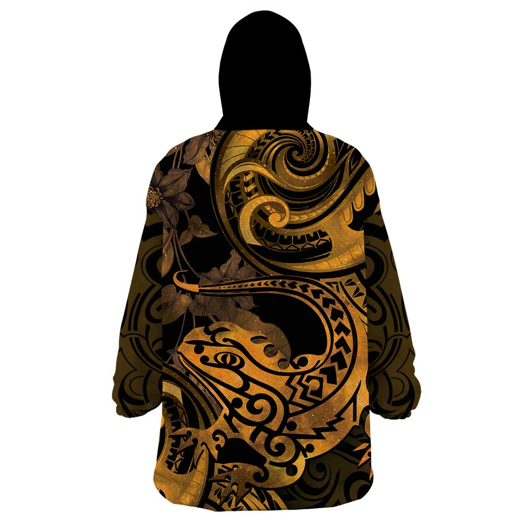 New Zealand Tuatara Wearable Blanket Hoodie Aotearoa Maori Clematis Flowers - Gold LT14 - Polynesian Pride