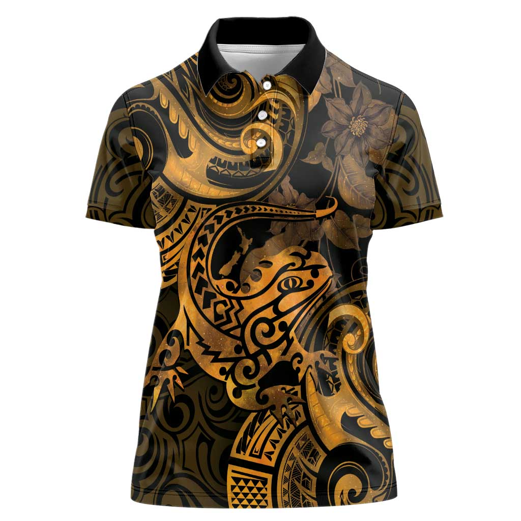 New Zealand Tuatara Women Polo Shirt Aotearoa Maori Clematis Flowers - Gold LT14 Female Gold - Polynesian Pride