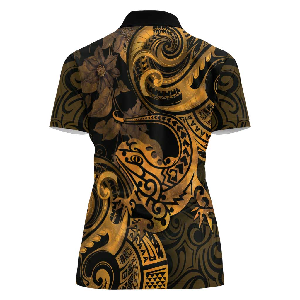 New Zealand Tuatara Women Polo Shirt Aotearoa Maori Clematis Flowers - Gold LT14 - Polynesian Pride