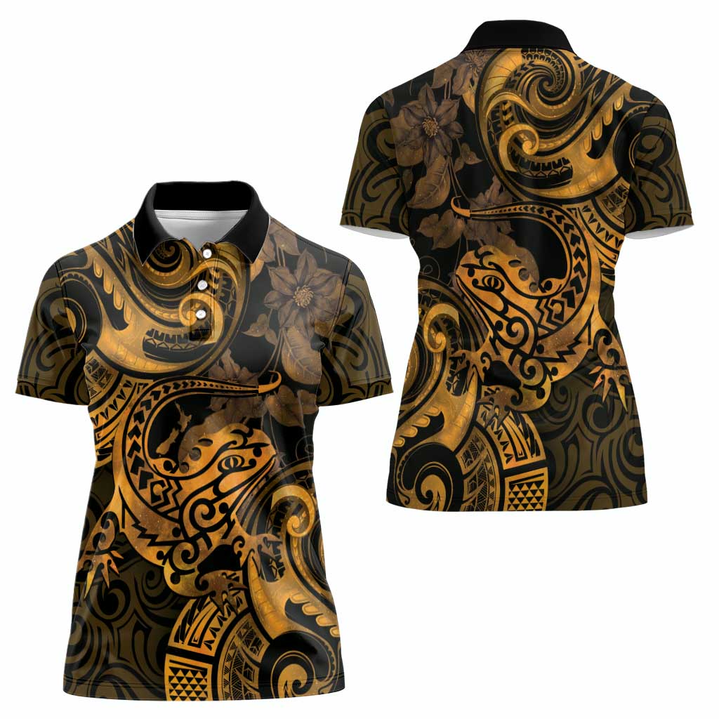 New Zealand Tuatara Women Polo Shirt Aotearoa Maori Clematis Flowers - Gold LT14 - Polynesian Pride