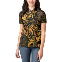 New Zealand Tuatara Women Polo Shirt Aotearoa Maori Clematis Flowers - Gold LT14 - Polynesian Pride