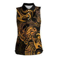 New Zealand Tuatara Women Sleeveless Polo Shirt Aotearoa Maori Clematis Flowers - Gold LT14 Female Gold - Polynesian Pride