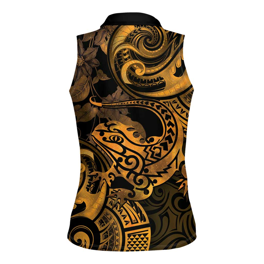 New Zealand Tuatara Women Sleeveless Polo Shirt Aotearoa Maori Clematis Flowers - Gold LT14 - Polynesian Pride