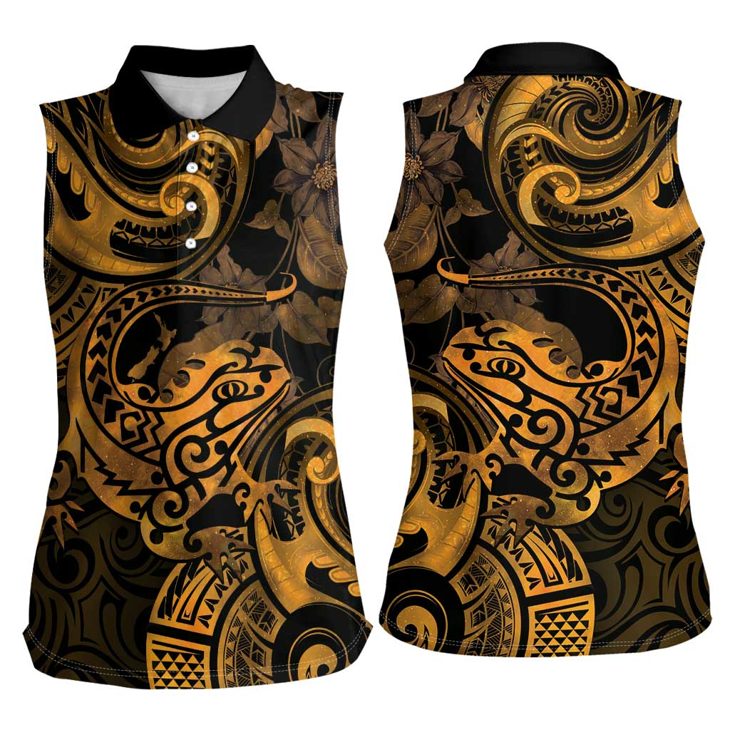 New Zealand Tuatara Women Sleeveless Polo Shirt Aotearoa Maori Clematis Flowers - Gold LT14 - Polynesian Pride