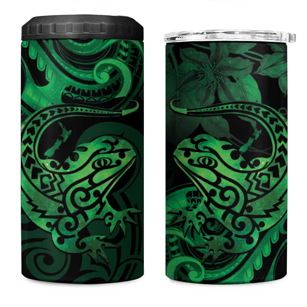 New Zealand Tuatara 4 in 1 Can Cooler Tumbler Aotearoa Maori Clematis Flowers - Green LT14 One Size: 16 oz Green - Polynesian Pride