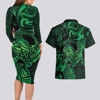 New Zealand Tuatara Couples Matching Long Sleeve Bodycon Dress and Hawaiian Shirt Aotearoa Maori Clematis Flowers - Green LT14 - Polynesian Pride